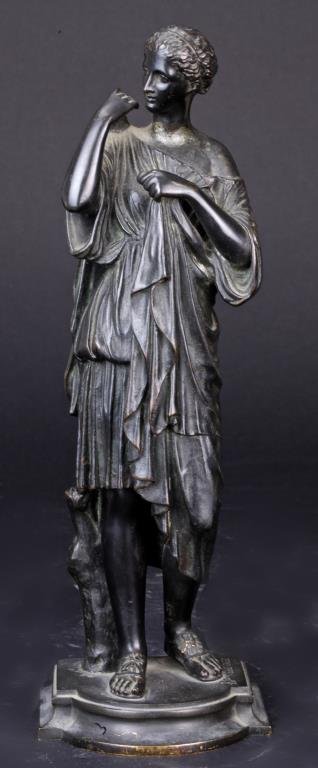 FRENCH BRONZE STATUE OF DIANE DE GABIES: Depicting the goddess Artemis, the original marble statue was discovered during excavations in 1792 by the entrepreneur, dealer and antiquarian, Gavin Hamilton on the property of the Prince Borghese a