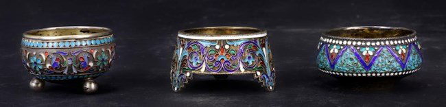 THREE RUSSIAN SILVER-GILT AND ENAMEL SALT BOWLS (1 of 2)