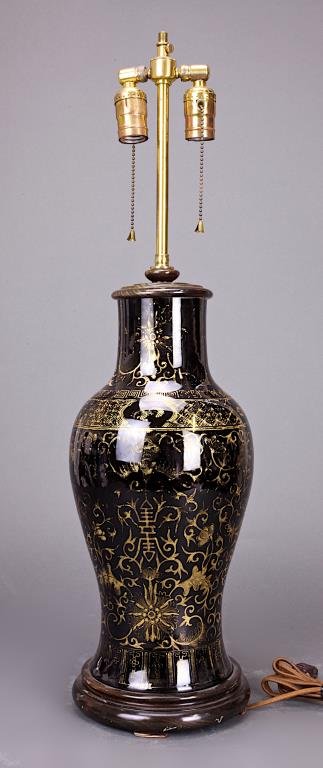 19TH C CHINESE MIRROR BLACK GLAZED PORCELAIN LAMP (1 of 1)