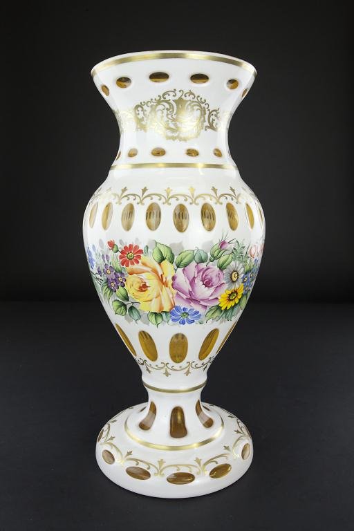 LARGE BOHEMIAN YELLOW AND WHITE GLASS VASE (1 of 3)