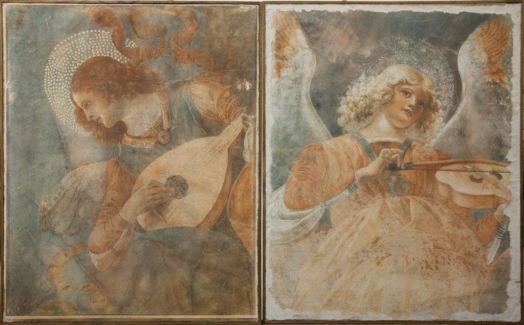 PAIR OF FRAMED PAINTINGS ON PLASTER OF ANGELS: Each depicting an angel playing an instrument. In grey and sepia tones. H: 37 1/2 in., L: 30 1/4 in.
