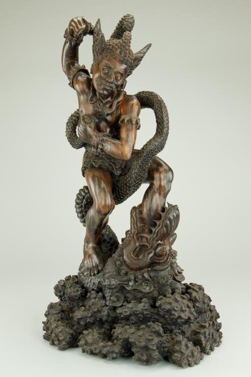 CARVED HARDWOOD FIGURE OF A DEITY WITH SNAKE (1 of 8)