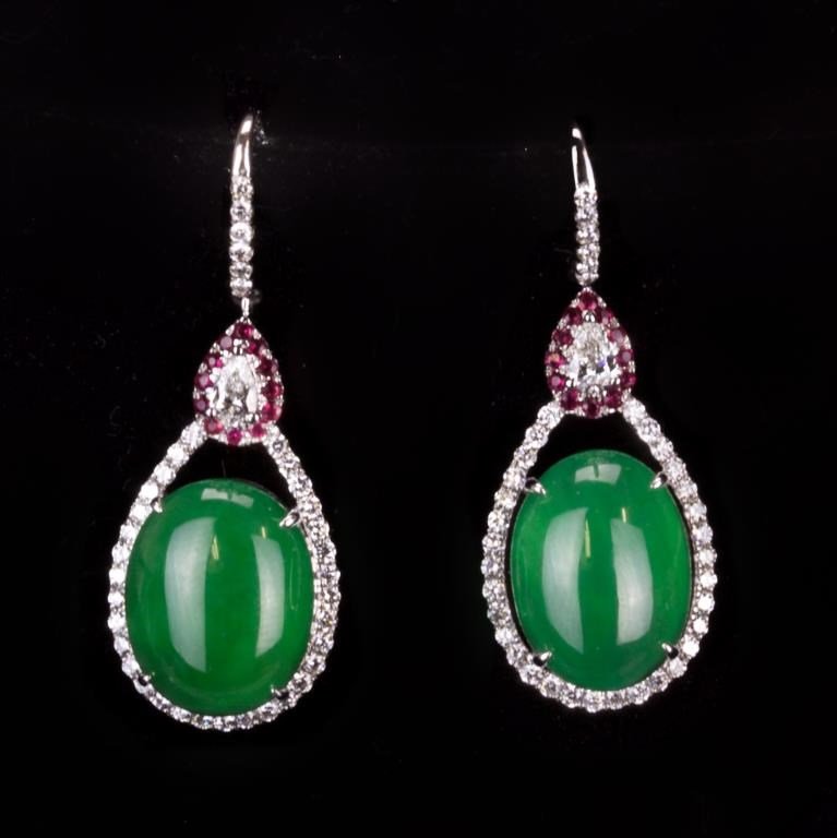 A PAIR OF TRANSLUCENT JADEITE JADE DIAMOND EARRINGS (1 of 2)