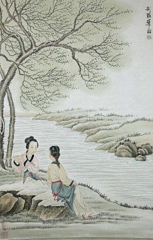 CHINESE PAINTING OF TWO BEAUTIES IN WINTER TIME (1 of 2)
