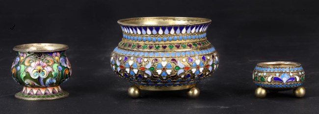 THREE RUSSIAN SILVER-GILT ENAMEL BOWLS (1 of 2)