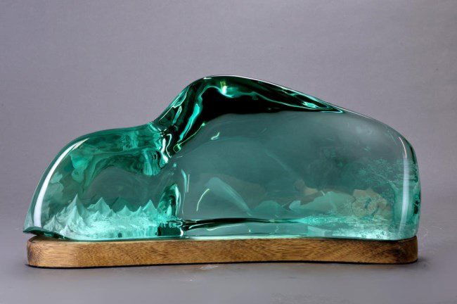 LARGE TRANSLUCENT GREEN GLASS BOULDER SCENERY: Inspiration of Work: Shangri-La. There is a beautiful place that people aspire to be. In that place there is no sadness and no pain. The place is called Shangri-La By artist: Chen Ping Chang.