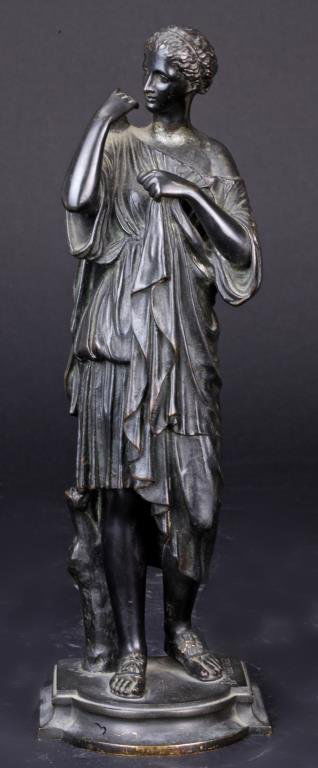 19TH C. FRENCH BRONZE STATUE OF DIANE DE GABIES: Depicting the goddess Artemis, the original marble statue was discovered during excavations in 1792 by the entrepreneur, dealer and antiquarian, Gavin Hamilton on the property of the Prince Borghese a