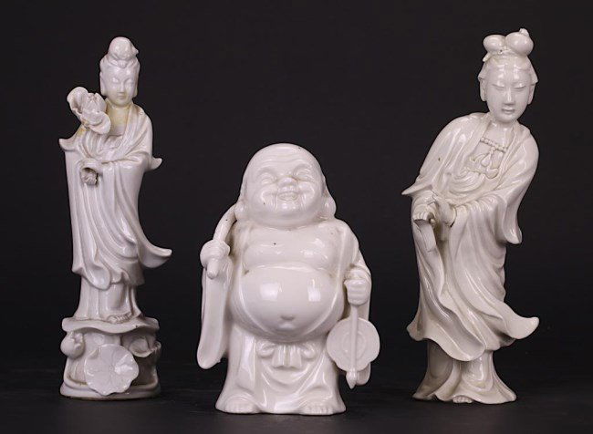 THREE OLD CHINESE BLANC DE CHINE PORCELAIN FIGURES (1 of 1)