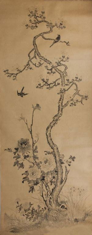 CHINESE SCROLL PAINTING OF BIRDS AND PEONIES: Depicting birds flying amongst flowers. H: 119 1/2 in., L: 37 in.