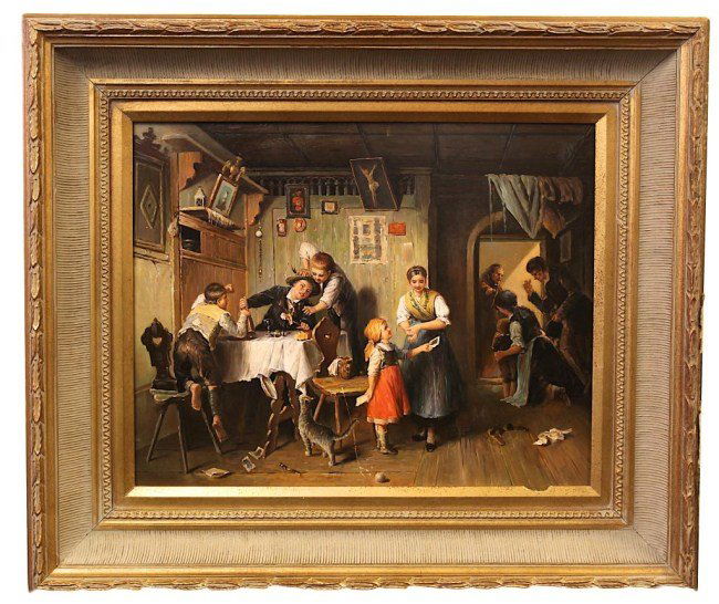 OIL ON BOARD PAINTING OF A FAMILIAL SCENE (1 of 2)