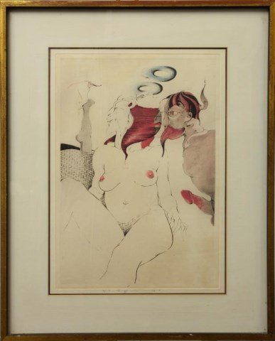 LITHOGRAPH OF A NUDE WOMAN IN FRAME: Depicting an abstracted female form and two demon-like faces. Signature to the bottom. Numbered 73/100. H: 25 1/2 in., L: 20 5/8 in.