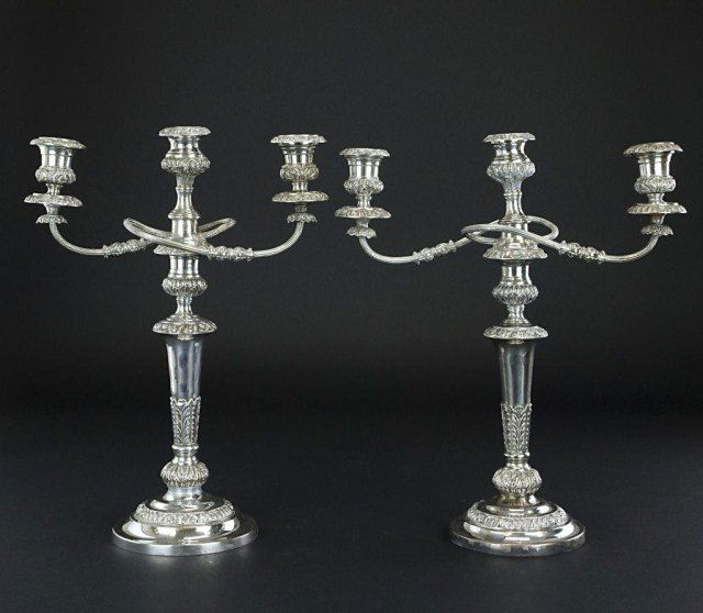 PAIR OF SILVER-PLATED THREE LIGHT CANDLESTICKS (1 of 2)