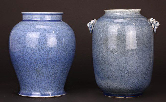 TWO CHINESE BLUE GLAZED CRACKLEWARE JARS (1 of 1)