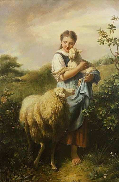 OIL ON CANVAS PAINTING OF A GIRL WITH SHEEP: The girl is standing next to a sheep while holding a lamb. H: 36 in., L: 24 in.