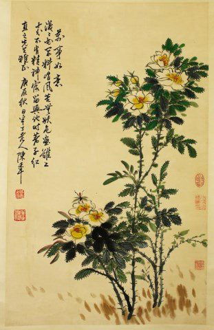 CHINESE SCROLL PAINTING OF WHITE ROSE BUSHES (1 of 1)