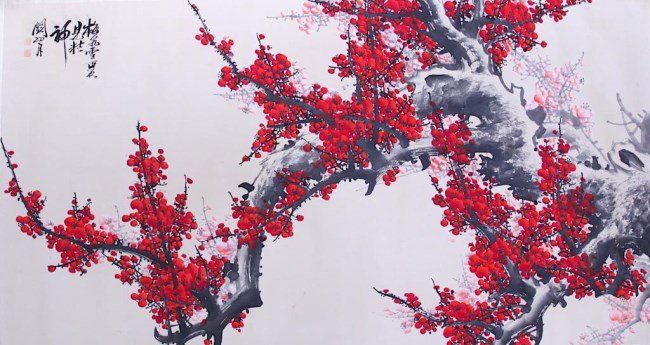 LARGE CHINESE PAINTING ON PAPER OF PLUM BLOSSOM (1 of 2)