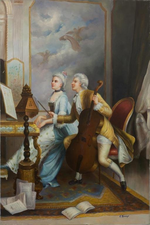 OIL ON CANVAS PAINTING OF A COUPLE: The man holding a cello with a woman playing piano beside him. Signature at the bottom. H: 35 3/4 in., L: 24 in.