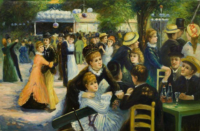 OIL ON CANVAS PAINTING OF RENOIR REPRODUCTION: A reproduction of 'Baldu moulin de la Galette' by Pierre-Auguste Renoir. H: 24 in. L: 36 in.