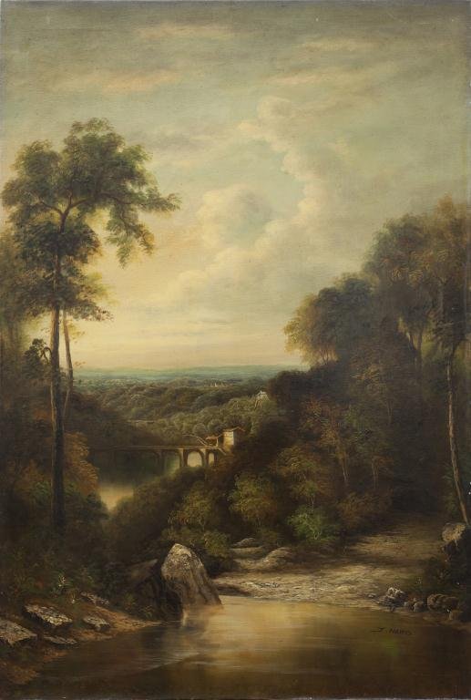 OIL ON CANVAS PAINTING OF A LANDSCAPE: Depicting a bridge in a forest at sunset. Signature at the bottom. H: 35 3/4 in., L: 24 in.