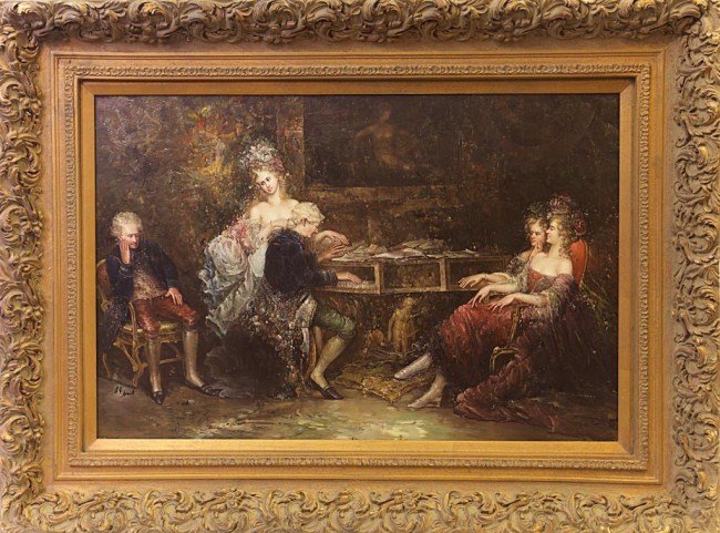 OIL ON CANVAS PAINTING OF A GATHERING: Depicts a group of nobles gathering around with a musician playing piano. Artist's signature to the lower left to read L.P. Amont. 24 in. (L) x 36 in. (W)