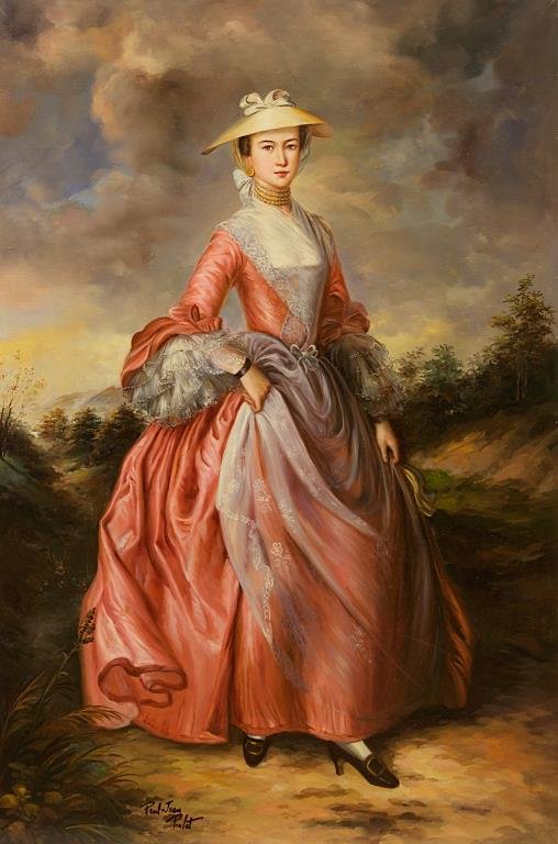 OIL PAINTING ON CANVAS OF A LADY: Depicts a lady wearing a pink gown in an outdoor setting. Artist's signature on bottom left to read Jean-Paul Poulet. 36 in. (L) x 24 in. (W).