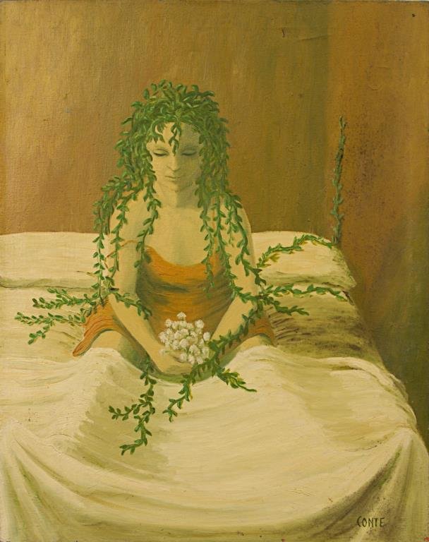 OIL ON CANVAS PAINTING OF A NYMPH WITH LEAFY HAIR: Dressing in an orange dress, sitting on a bed and holding a small white flowers bouquet. Signature reads to Conte. 30 1/4 in. (L) x 24 in. (W)