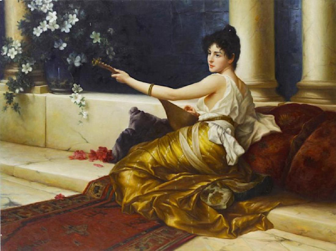 OIL PAINTING ON CANVAS OF A WOMAN PLAYING MUSIC: Depicts a beauty dressing in a gold and white robe, lounging and playing a musical instrument. H: 30 in. L: 40 in.