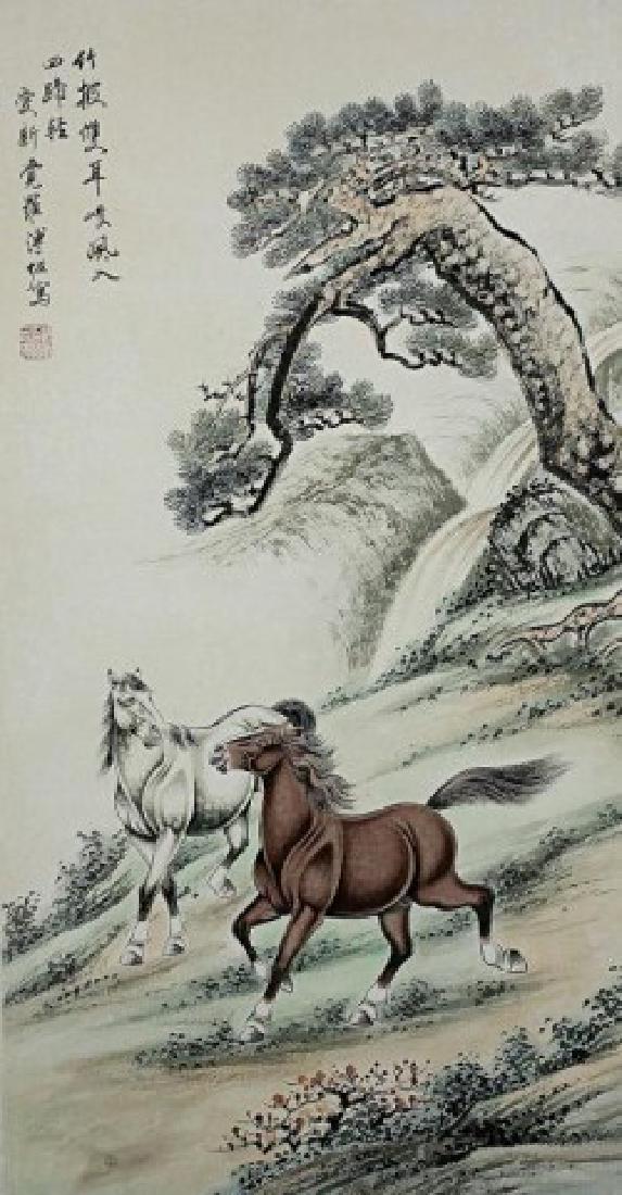 CHINESE PAINTING OF TWO HORSES UNDER A PINE TREE (1 of 2)