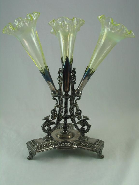 Epergne, early Silver plate: Epergne, early silver plate, 11 1/2" tall, one flower has small crack, marked EPBM 8111