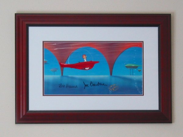 "Jetson's Meet the F1", Warner Bros. Art: "Jetson's Meet the F1", Warner Bros. Art, Hanna - Barbera Original Handpainted Production, Signed by Bill Hanna and Joe Barbera, Frame Size 18" x 25 1/2"