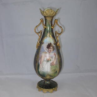 RS Prussia Two Handled Vase: RS Prussia Two Handled Vase, 11 1/2" tall, tiny chip that was repaired and repainted was found at bottom of vase