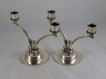 Sterling Candlebra, Georg Jensen: Sterling Candlebra, Georg Jensen, Pair 1940-49, #278. Harold Nielsen Designer, Step Circular Foot with splayed Candle Arms with Berry Decorations, 6" high, ~ 32.92 ozt.