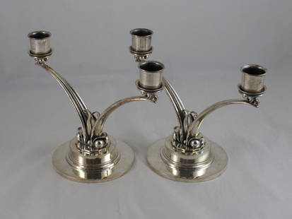 Sterling Candlebra, Georg Jensen: Sterling Candlebra, Georg Jensen, Pair 1940-49, #278. Harold Nielsen Designer, Step Circular Foot with splayed Candle Arms with Berry Decorations, 6" high, ~ 32.92 ozt.