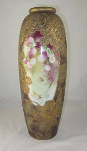 Vintage Nippon Hand Painted Vase: Vintage Nippon Hand Painted Vase, Painted Roses Gold Gilded Leaves, minor paint scratches, (see photo), height ~ 17 1/2", max diameter ~ 6 1/2"