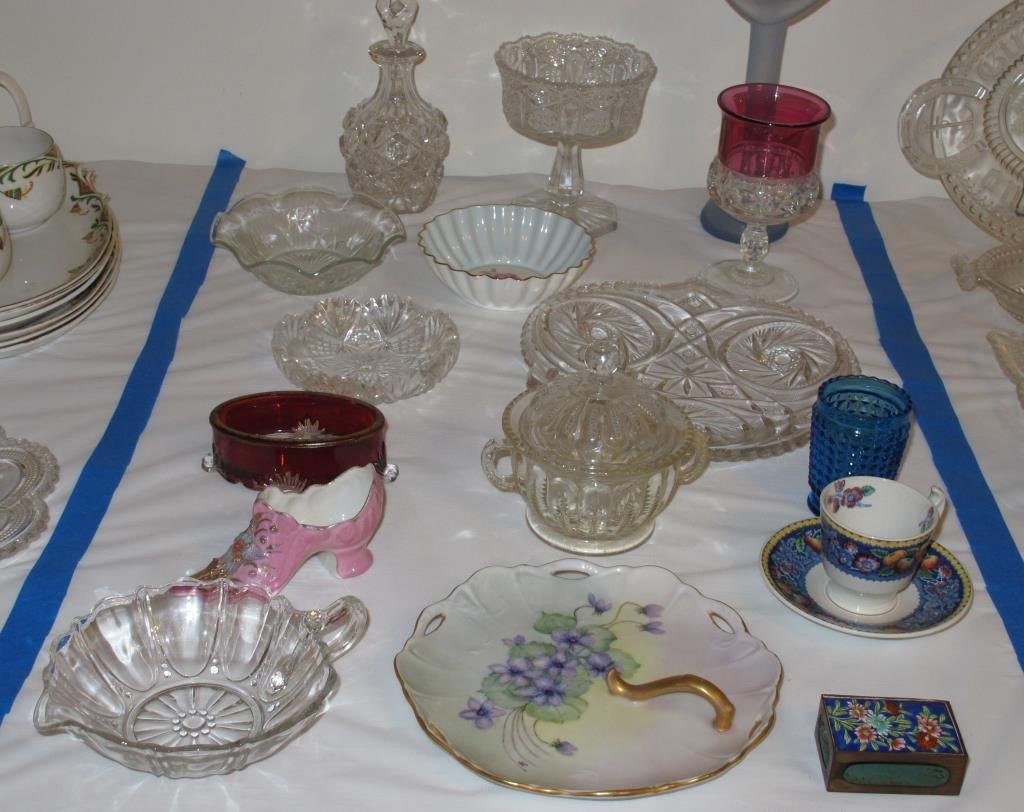 Cloisonne, Adderly, Cut Glass, Copeland Assorted: Cloisonne, Adderly, Cut Glass, Copeland Assorted. Lot includes Pressed Glass dishes, Iris & Herringbone Nut Dish, Cut Glass Dish, footed Cranberry Flashed Pin Dish, Pink Luster Shoe, Jack in Pulpit St