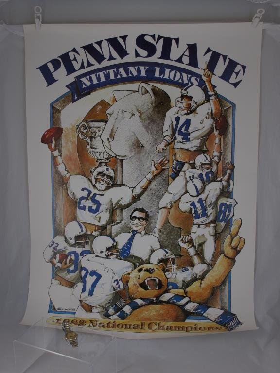 Penn State Poster 1982 Nat'l Champions & Watch: Penn State Nittany Lions Poster 1982 National Champions & Watch. Watch has the Penn State University Seal, Ladies Seiko Quart #7D1322, Water Resistant, Stainless Steel Base Case, 3E23-0A69, Seiko band
