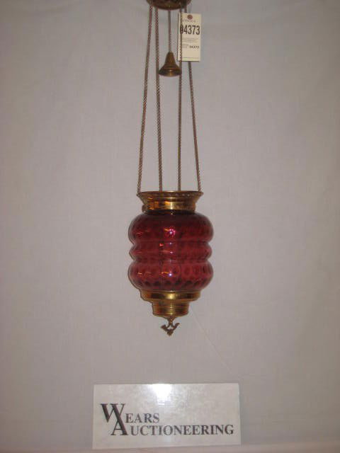 Hanging hall lamp brass cranberry shade Hanging hall lamp brass cranberry shade