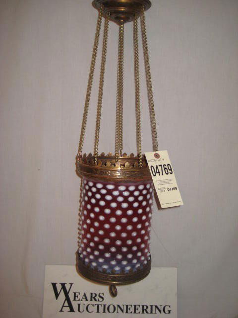 Hanging hall lamp brass cranberry shade Hanging hall lamp brass cranberry shade