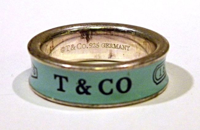Tiffany Ring: SS Tiffany with Tiffany Blue Enamel Coating Marked 1837 /925/ T & Co Made in Germany Size 8 1/4 6.6Grams