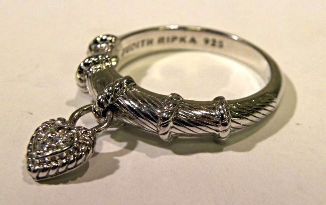 Judith Ripka Ring: sterling ring with hanging heart with cz's. Size 11 1/4. weight is 7.5g
