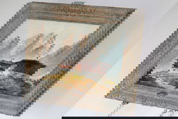 Andre Gisson 1921-2003 Chalet style with mountains: Andre Gisson 1921-2003 Chalet style with mountains in background - 23"x27"