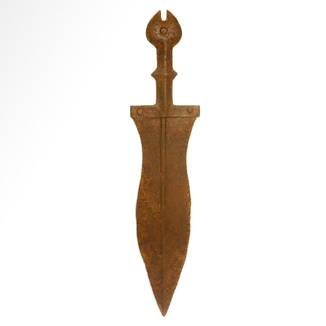 Roman Iron Short Legionary Gladius Complete with its: Roman Iron Short Legionary Gladius Complete with its Original Iron Grip, c. 2nd Century A.D. Short sword with thin blade, still sharp edges, mid rib, handle with its original iron grip and with cresce