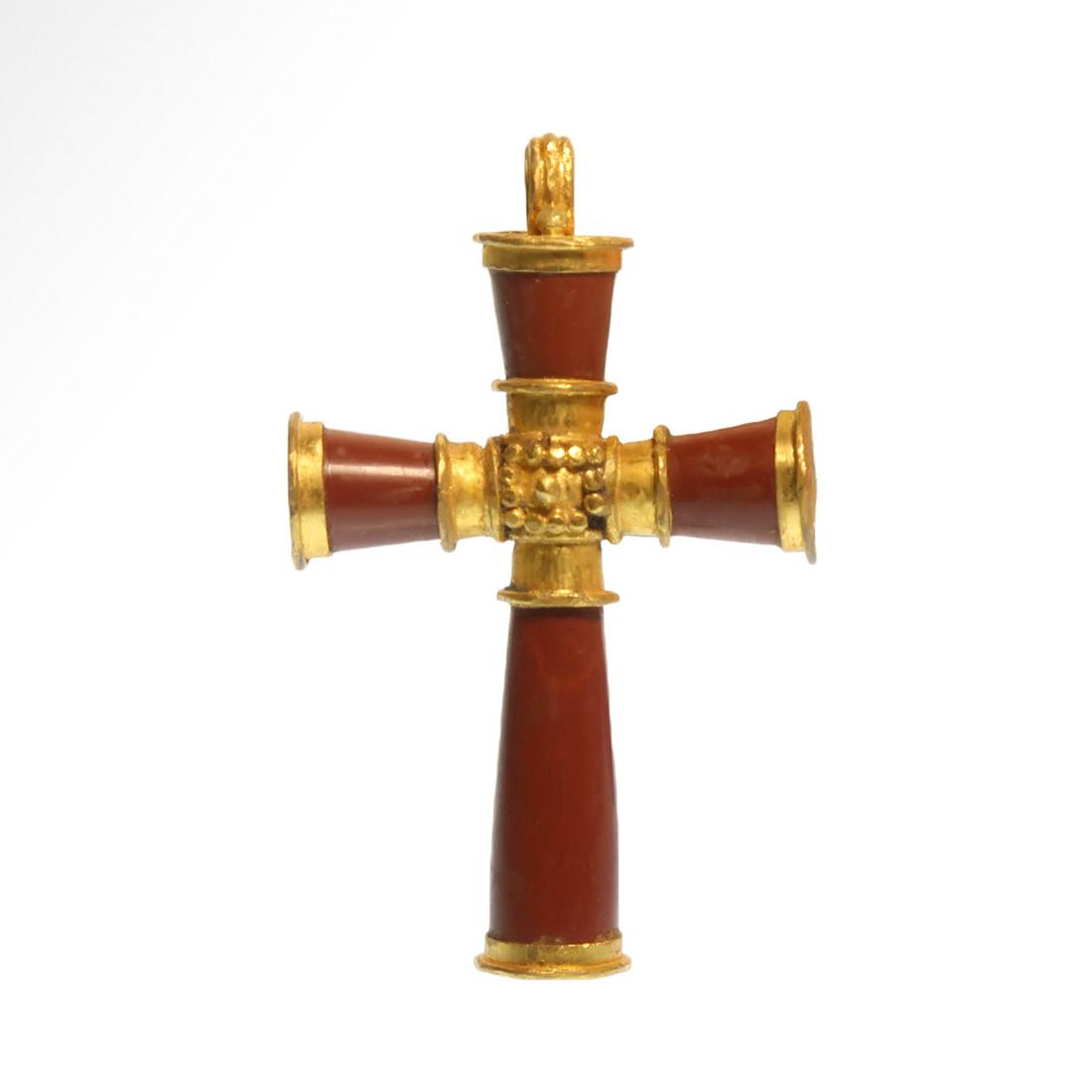 Byzantine Gold and Agate Cross, c. 10th -12th Century: Byzantine Gold and Agate Cross, c. 10th -12th Century A.D. The arms of agate conical shaped, the centre in gold. Gold terminals and loop at the top for suspension. Size:5.1 cm L (including loop) - 2 i