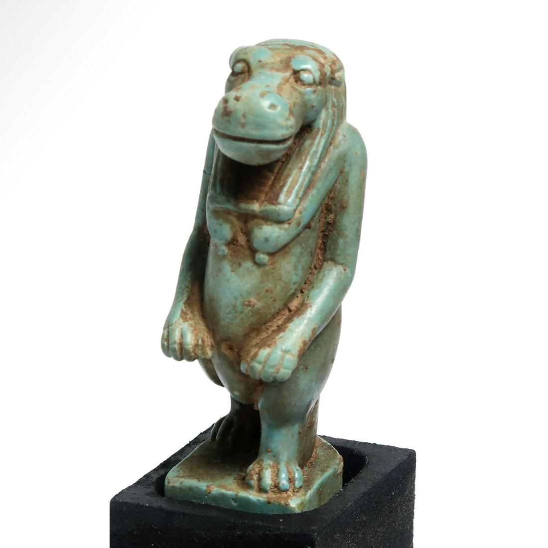 Egyptian Turquoise Glazed Faience Amulet of the Hippopotamus Taweret, c. 400 B.C.: Egyptian Turquoise Glazed Faience Amulet of the Hippopotamus Taweret, c. 400 B.C.Faience amulet with nice details of the hippopotamus goddess Taweret represented in human body, pregnant, plumed back.