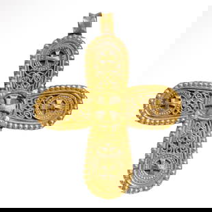 Byzantine Gold Cross, c. 8th-10th Century A.D.: Byzantine Gold Cross, c. 8th-10th Century A.D.Each arm decorated with extremely fine, intricate filigree work and a cross, a central larger cross and framed by fine granules. Loop for suspension.Size: