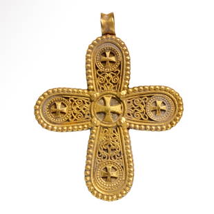 Byzantine Gold Cross, c. 8th-10th Century A.D.: Byzantine Gold Cross, c. 8th-10th Century A.D.Each arm decorated with extremely fine, intricate filigree work and a cross, a central larger cross and framed by fine granules. Loop for