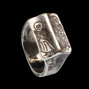 Byzantine Solid Silver Ring, Book with Saints, c. 10th Century A.D.: Byzantine Solid Silver Ring, Book with Saints, c. 10th Century A.D.Thick rectangular bezel representing an open bible engraved with St. Peter and St. Paul. Rare.Size:USA= 6 1/4 - GB= M - 1.7 cm inside