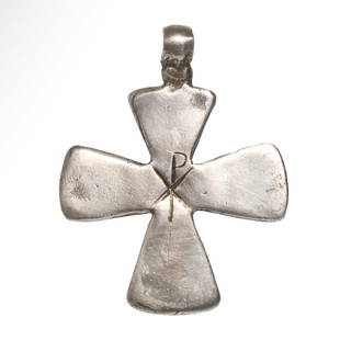 Byzantine Silver Cross with PX Symbol, c. 10th - 12th Century A.D.: Byzantine Silver Cross with PX Symbol, c. 10th - 12th Century A.D.Of solid silver, flat, with flared arms, the Latin letters PX (Peace) or Greek XP (Chi-Rho) (Christ) deeply incised in the center. Wid