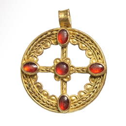 Byzantine Open Work Gold and Garnet Cross Pendant, c. 6th-7th Century A.D.