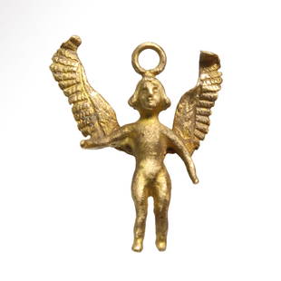 Roman Gold Pendant of Winged Cupid Eros, c. 1st Century A.D.: Roman Gold Pendant of Winged Cupid Eros, c. 1st Century A.D.Pendant of the figure of spread-winged Eros (Cupid), loop for suspension. Size:2.6 cm L - 1 inch Material:Gold, weight= 4 grms